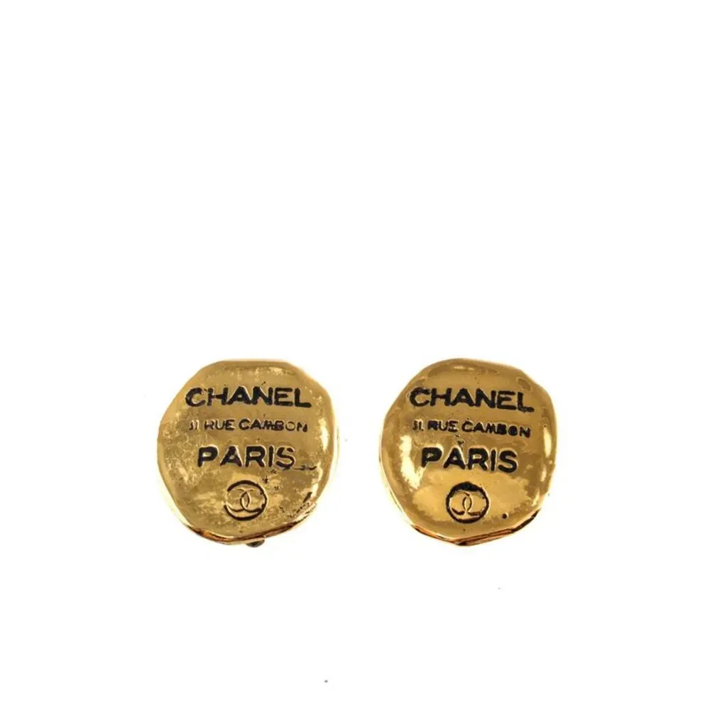 Chanel Womens Vintage Gold Tone Oval Logo Rue Cambon Paris Clip On Earrings